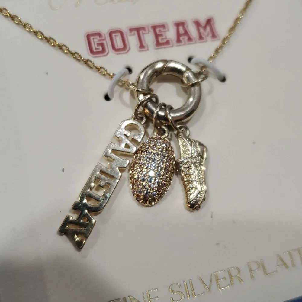 Mia Sarine fine silver Plated Gameday Pave Football‎ Cleats charm necklace new